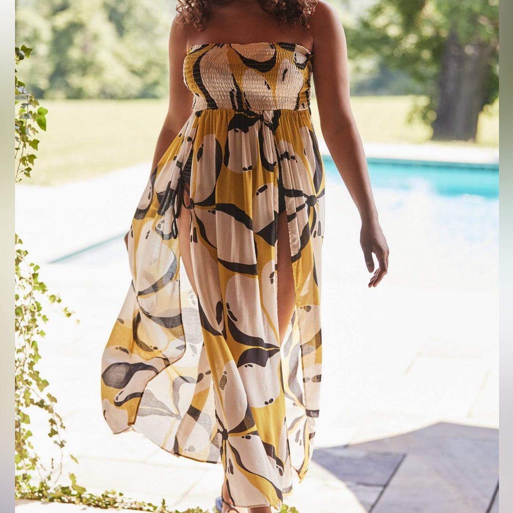 NWT Anthropologie Kenzie Parrott Strapless Swim Front Slit Maxi Dress